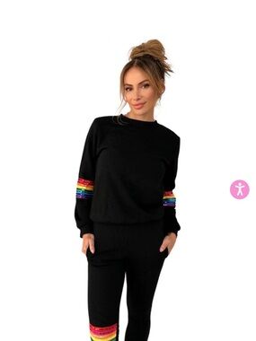 Lola and the Boys - Black Sweatshirt with Rainbow Sleeve Stripes - Women's Top